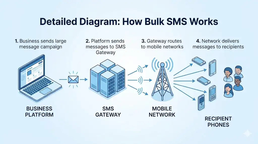 diagram showing how bulk SMS works from platform to SMS gateway to mobile network to recipient phone